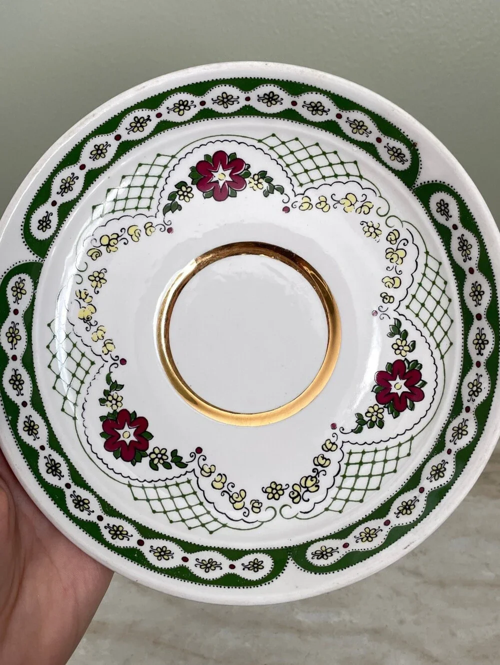 Vintage USSR Soviet Porcelain Saucer | Green Floral Gold Trim Collectible